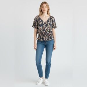 Sienna Sky Navy Floral V-Neck Smocked-Waist Blouse
